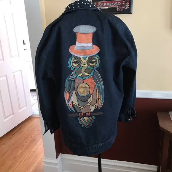 Jean Jacket Hand Painted Steampunk Owl - Picture 6 of 7